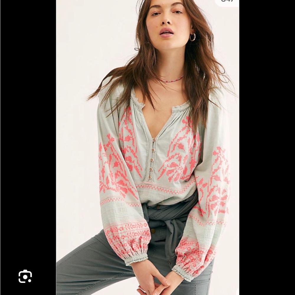 Free People‎ Mint Boho Persuasion Pink Embroidered Balloon-Sleeve Top- Small